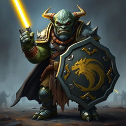 A fierce orc without horns and grey skin, clad in heavy armor, holding a shield in one hand and a glowing yellow light saber in the other