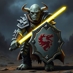 A fierce orc without horns and grey skin, clad in heavy armor, holding a shield in one hand and a glowing yellow light saber in the other