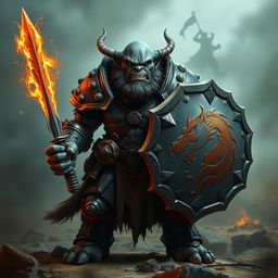 A Dungeons & Dragons orc with grey skin, clad in heavy armor, holding a shield in one hand and a sword made of fire in the other