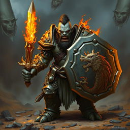 A Dungeons & Dragons orc with grey skin, clad in heavy armor, holding a shield in one hand and a sword made of fire in the other