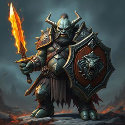 A Dungeons & Dragons orc with grey skin, clad in heavy armor, holding a shield in one hand and a sword made of fire in the other