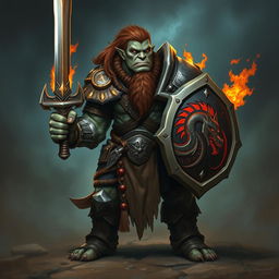 A Dungeons & Dragons orc with grey skin, clad in heavy armor, holding a shield in one hand and a sword made of fire in the other