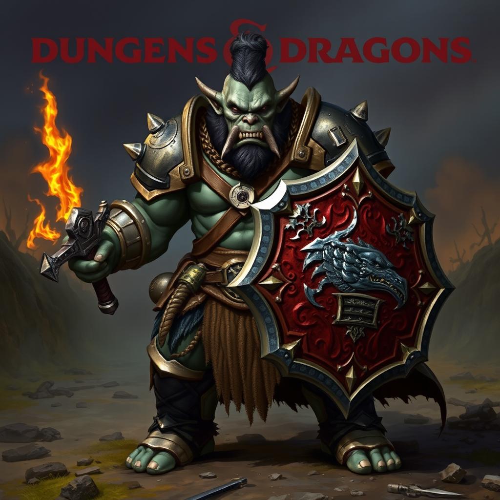 A Dungeons & Dragons orc with grey skin, clad in heavy armor, holding a shield in one hand and a sword with a blade of fire in the other