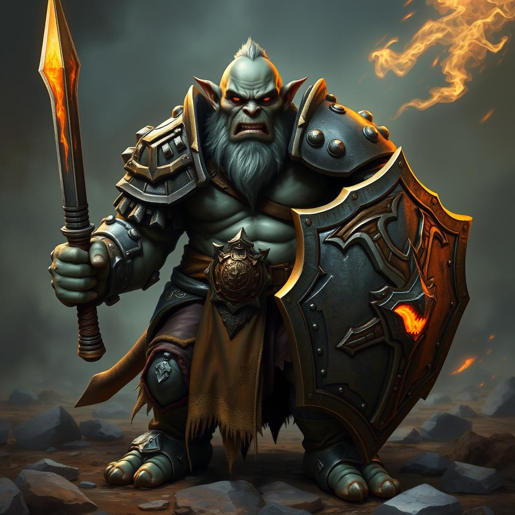 A Dungeons & Dragons orc with grey skin, clad in heavy armor, holding a shield in one hand and a sword with a blade of fire in the other