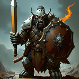 A Dungeons & Dragons orc with grey skin, clad in heavy armor, holding a shield in one hand and a sword with a blade of fire in the other