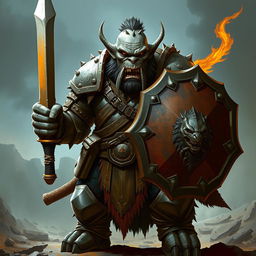 A Dungeons & Dragons orc with grey skin, clad in heavy armor, holding a shield in one hand and a sword with a blade of fire in the other