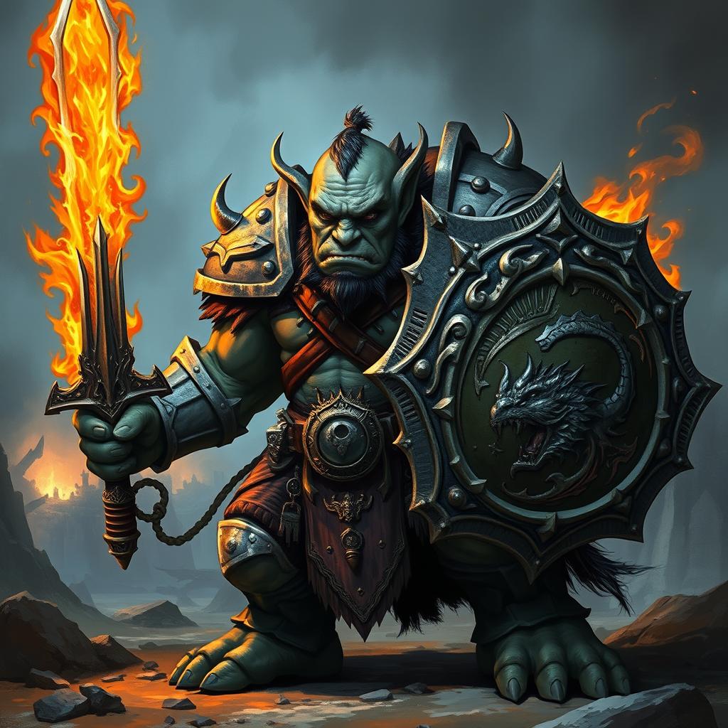 A fierce Dungeons & Dragons orc with grey skin, clad in heavy armor, holding a shield in one hand and a sword made of fire in the other