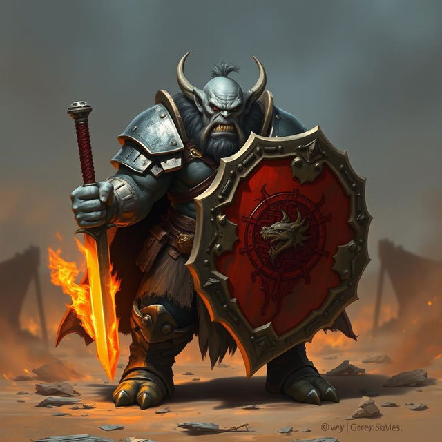 A fierce Dungeons & Dragons orc with grey skin, clad in heavy armor, holding a shield in one hand and a sword made of fire in the other