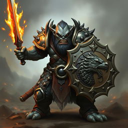 A fierce Dungeons & Dragons orc with grey skin, clad in heavy armor, holding a shield in one hand and a sword made of fire in the other