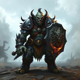 A fierce Dungeons & Dragons orc with grey skin, clad in heavy armor, holding a shield in one hand and a sword made of fire in the other