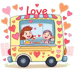 A colorful cartoon drawing of a food truck decorated with hearts and love symbols