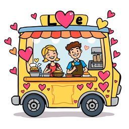 A colorful cartoon drawing of a food truck decorated with hearts and love symbols