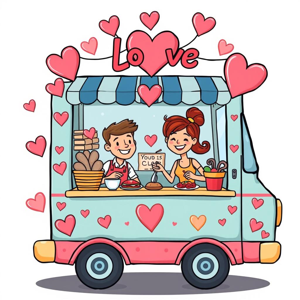 A colorful cartoon drawing of a food truck decorated with hearts and love symbols