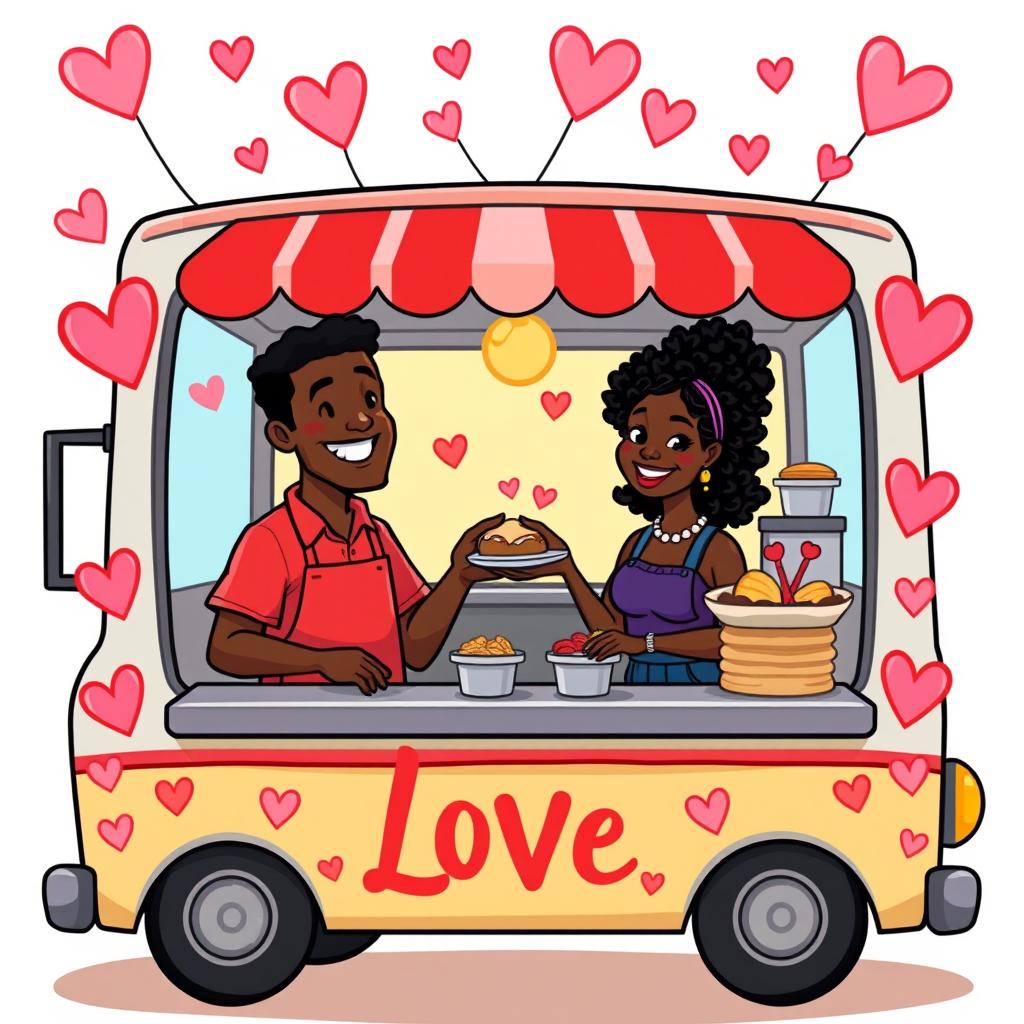 A colorful cartoon drawing of a food truck decorated with hearts and love symbols