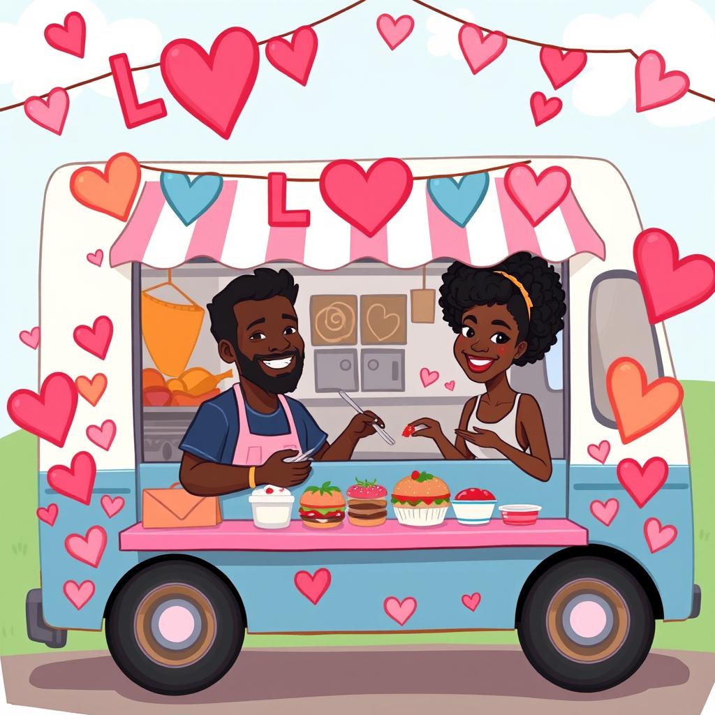 A colorful cartoon drawing of a food truck decorated with hearts and love symbols