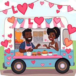 A colorful cartoon drawing of a food truck decorated with hearts and love symbols