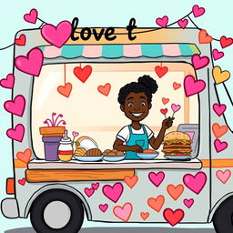 A colorful cartoon drawing of a food truck decorated with hearts and love symbols