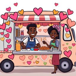 A colorful cartoon drawing of a food truck decorated with hearts and love symbols