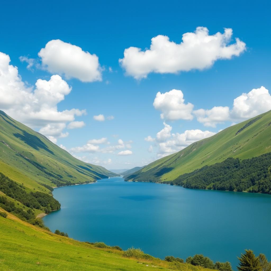 A beautiful landscape featuring a serene lake surrounded by lush green hills, with a clear blue sky and fluffy white clouds