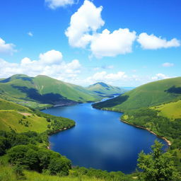 A beautiful landscape featuring a serene lake surrounded by lush green hills, with a clear blue sky and fluffy white clouds