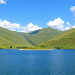 A beautiful landscape featuring a serene lake surrounded by lush green hills, with a clear blue sky and fluffy white clouds