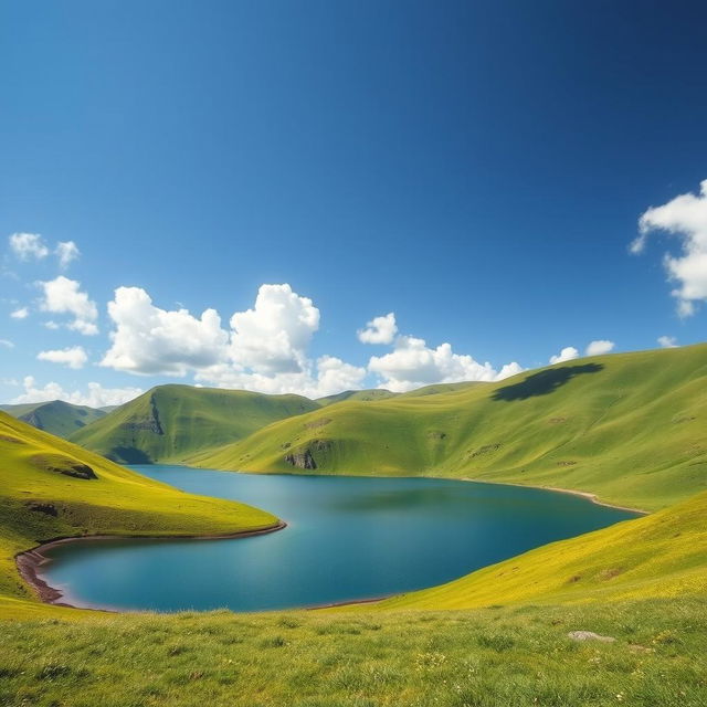 A beautiful landscape featuring a serene lake surrounded by lush green hills, with a clear blue sky and fluffy white clouds