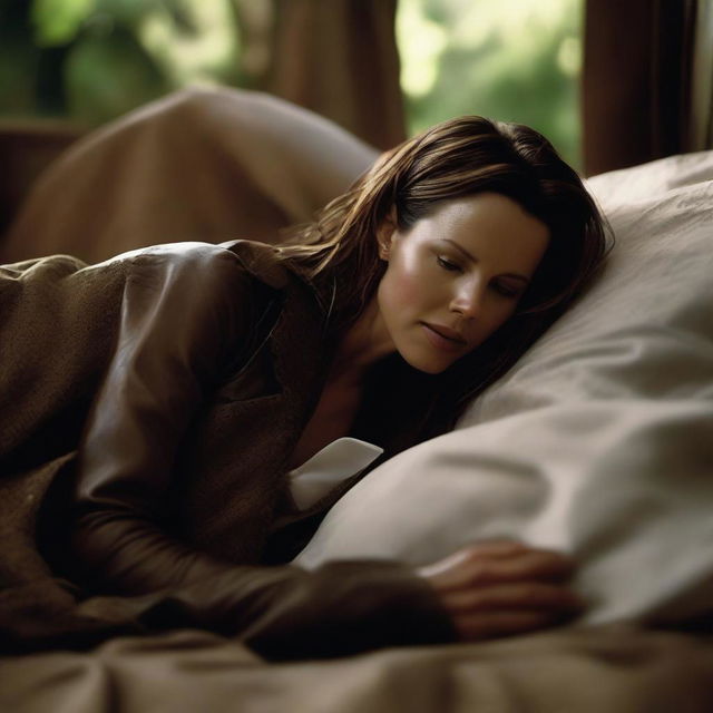 Kate Beckinsale is asleep on a bed, wearing brown leather leggings