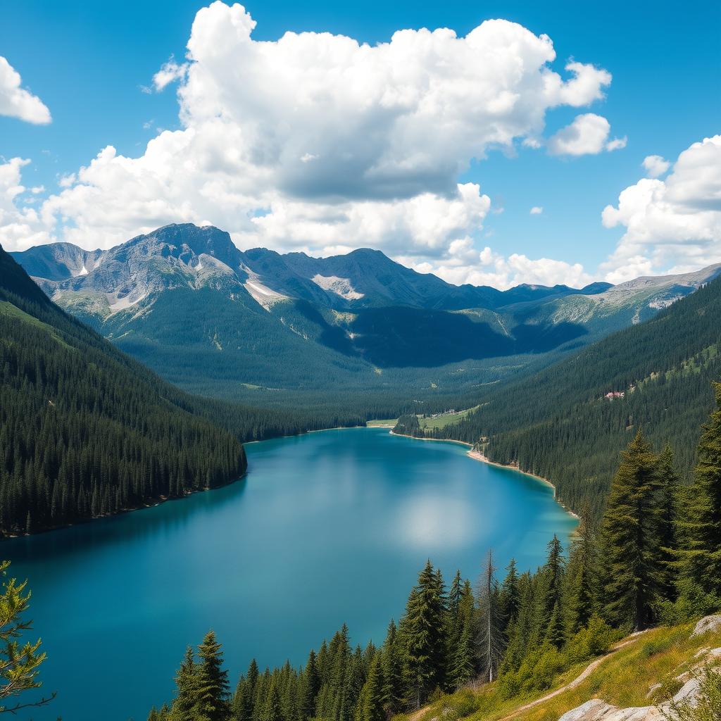 A beautiful landscape featuring a serene lake surrounded by mountains and lush forests under a clear blue sky with fluffy white clouds