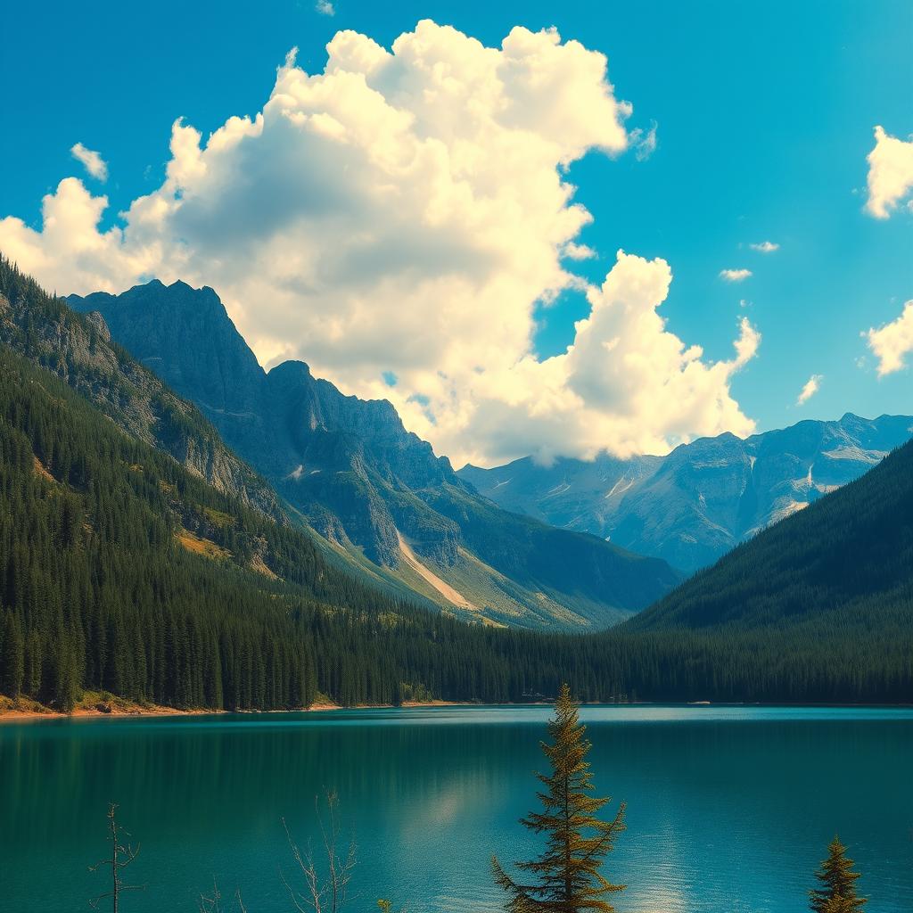 A beautiful landscape featuring a serene lake surrounded by mountains and lush forests under a clear blue sky with fluffy white clouds