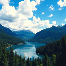 A beautiful landscape featuring a serene lake surrounded by mountains and lush forests under a clear blue sky with fluffy white clouds