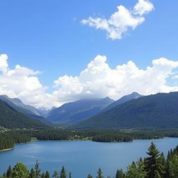 A beautiful landscape featuring a serene lake surrounded by mountains and lush forests under a clear blue sky with fluffy white clouds