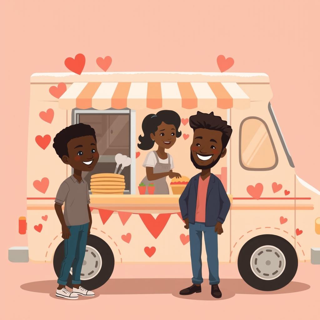 A cute and somewhat sombre animated figure drawing of a food truck decorated with hearts and love symbols