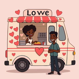 A cute and somewhat sombre animated figure drawing of a food truck decorated with hearts and love symbols