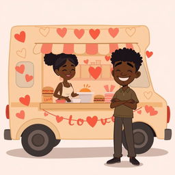 A cute and somewhat sombre animated figure drawing of a food truck decorated with hearts and love symbols