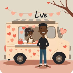 A cute and somewhat sombre animated figure drawing of a food truck decorated with hearts and love symbols