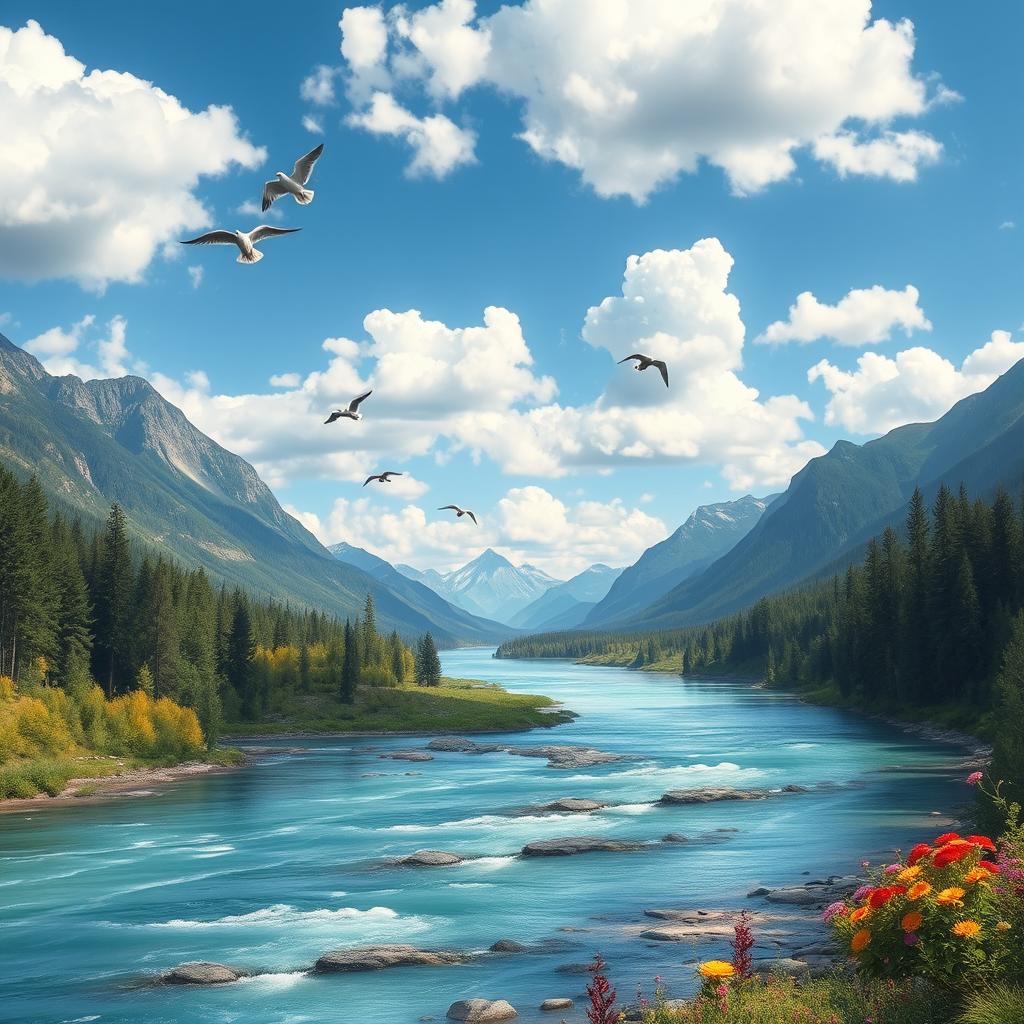 A beautiful landscape with mountains, a river flowing through a forest, and a bright blue sky with fluffy clouds