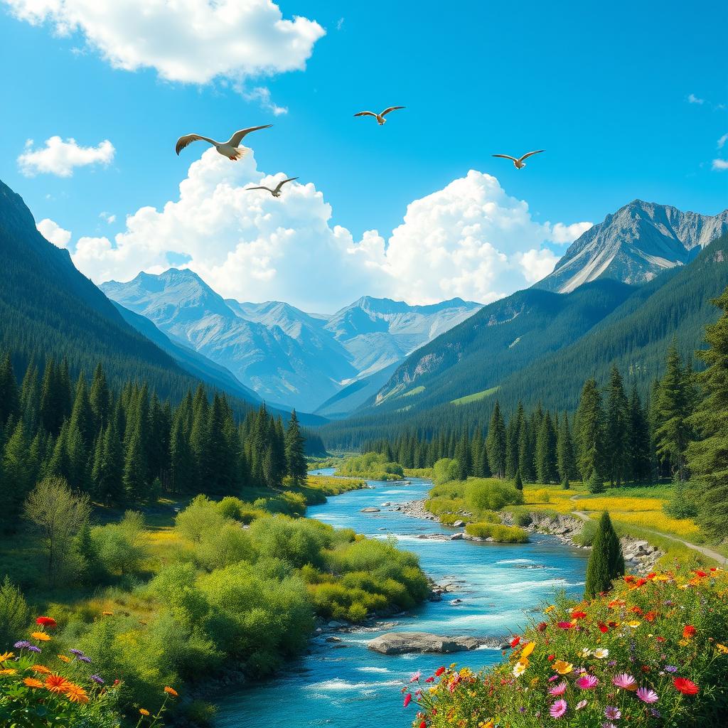 A beautiful landscape with mountains, a river flowing through a forest, and a bright blue sky with fluffy clouds