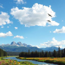 A beautiful landscape with mountains, a river flowing through a forest, and a bright blue sky with fluffy clouds