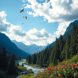 A beautiful landscape with mountains, a river flowing through a forest, and a bright blue sky with fluffy clouds