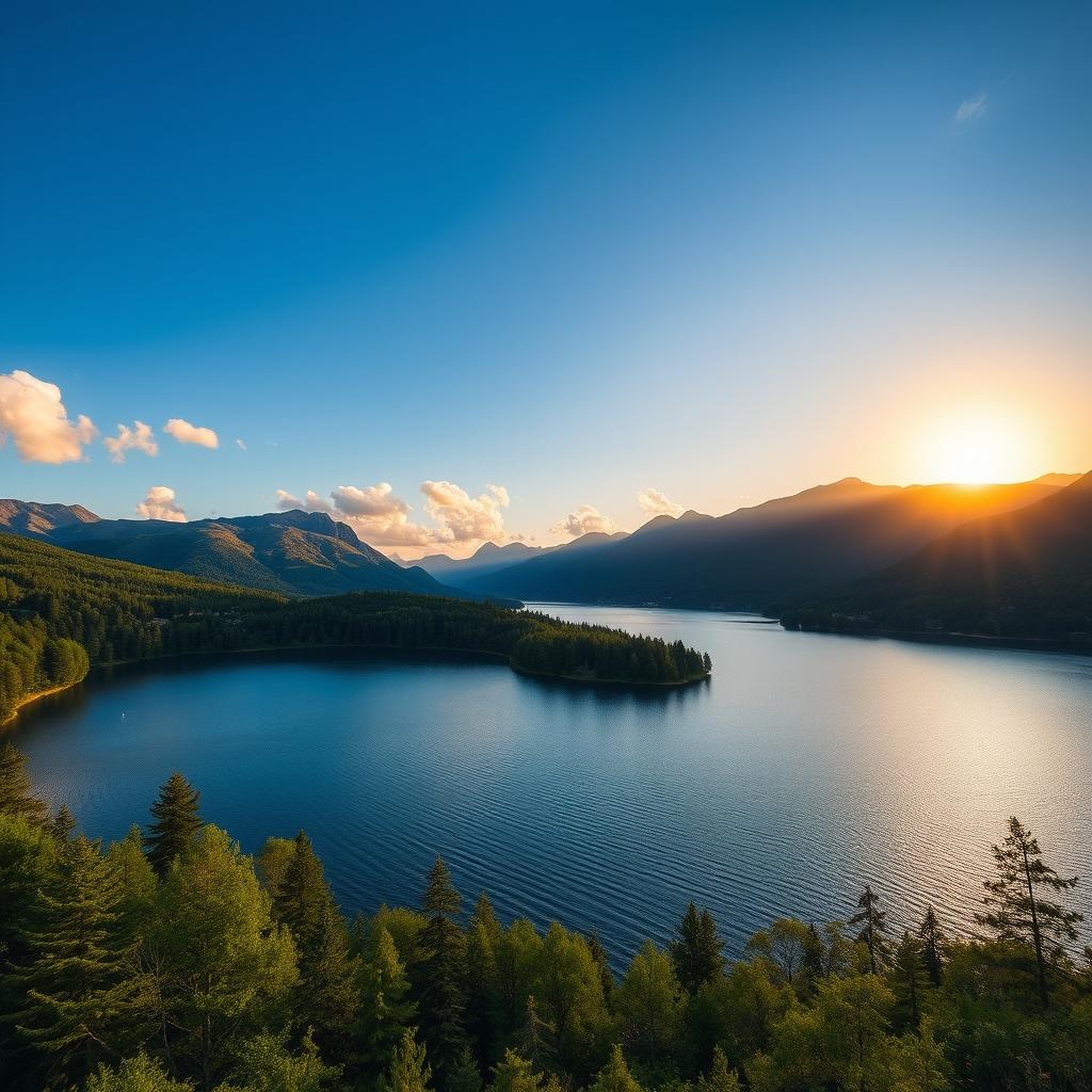 A beautiful landscape featuring a serene lake surrounded by lush green trees and mountains in the background