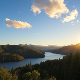 A beautiful landscape featuring a serene lake surrounded by lush green trees and mountains in the background