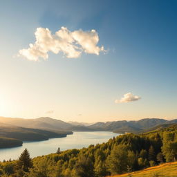 A beautiful landscape featuring a serene lake surrounded by lush green trees and mountains in the background