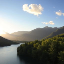 A beautiful landscape featuring a serene lake surrounded by lush green trees and mountains in the background