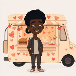 A cute and somewhat sombre animated figure drawing of a food truck decorated with hearts and love symbols