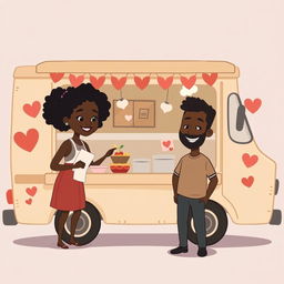 A cute and somewhat sombre animated figure drawing of a food truck decorated with hearts and love symbols