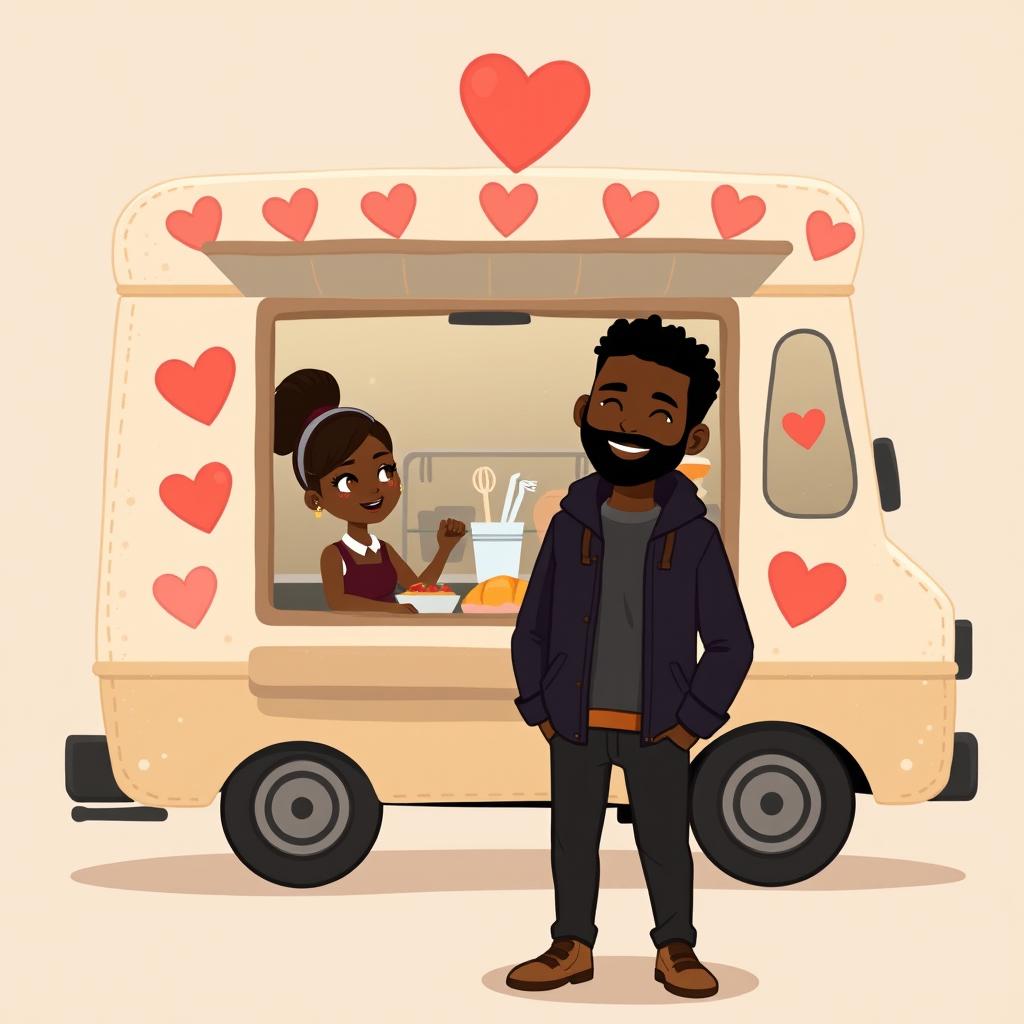 A cute and somewhat sombre animated figure drawing of a food truck decorated with hearts and love symbols