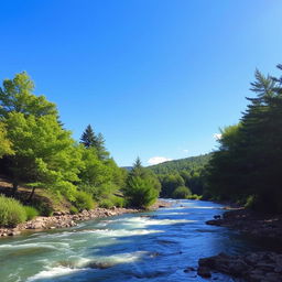 Create an image featuring a beautiful landscape with a clear blue sky, lush green trees, and a serene river flowing through the scene