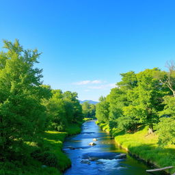 Create an image featuring a beautiful landscape with a clear blue sky, lush green trees, and a serene river flowing through the scene