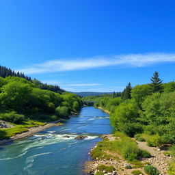 Create an image featuring a beautiful landscape with a clear blue sky, lush green trees, and a serene river flowing through the scene