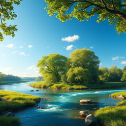 Create an image featuring a beautiful landscape with a clear blue sky, lush green trees, and a serene river flowing through the scene